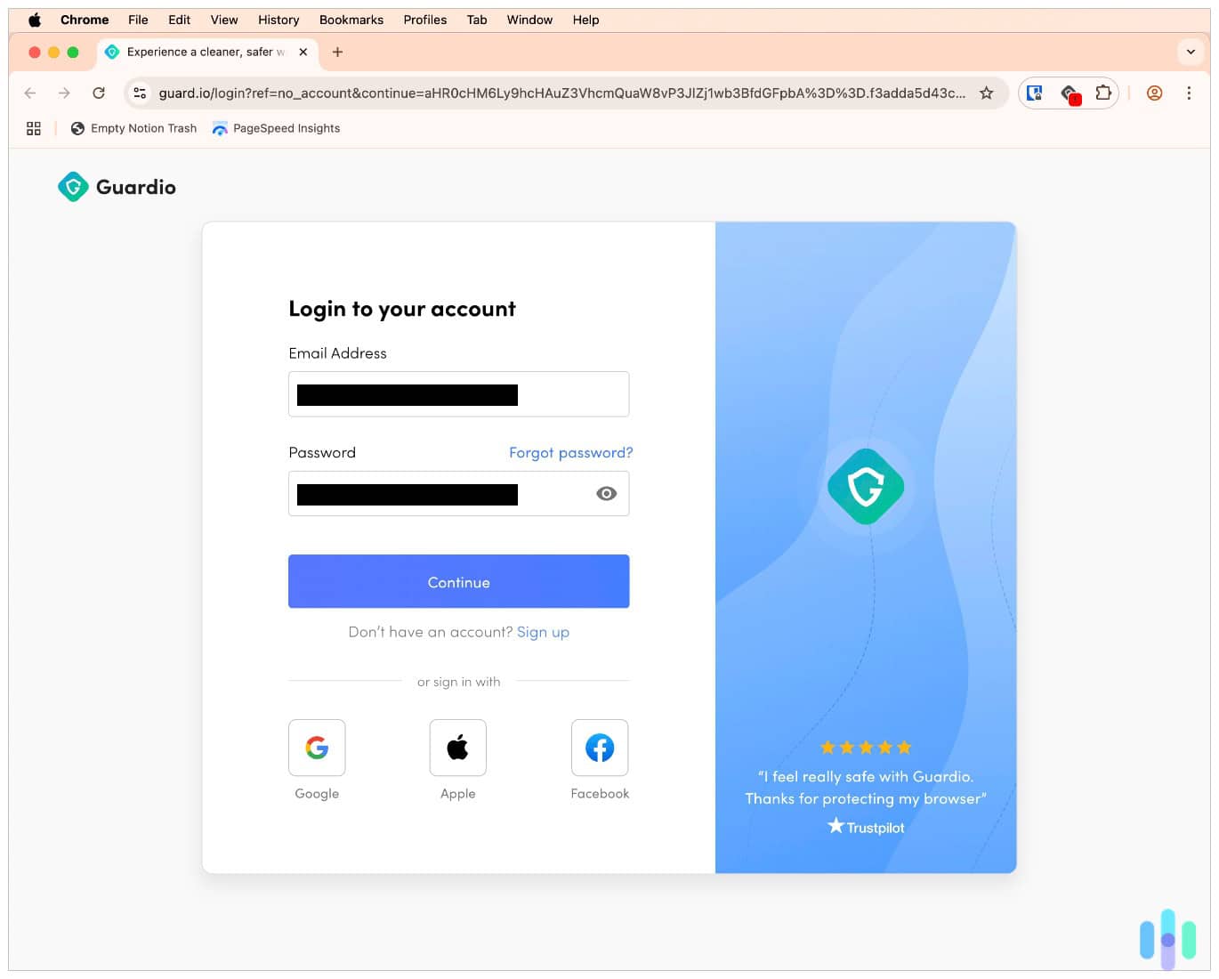 Logging into Guardio through the Chrome browser extension