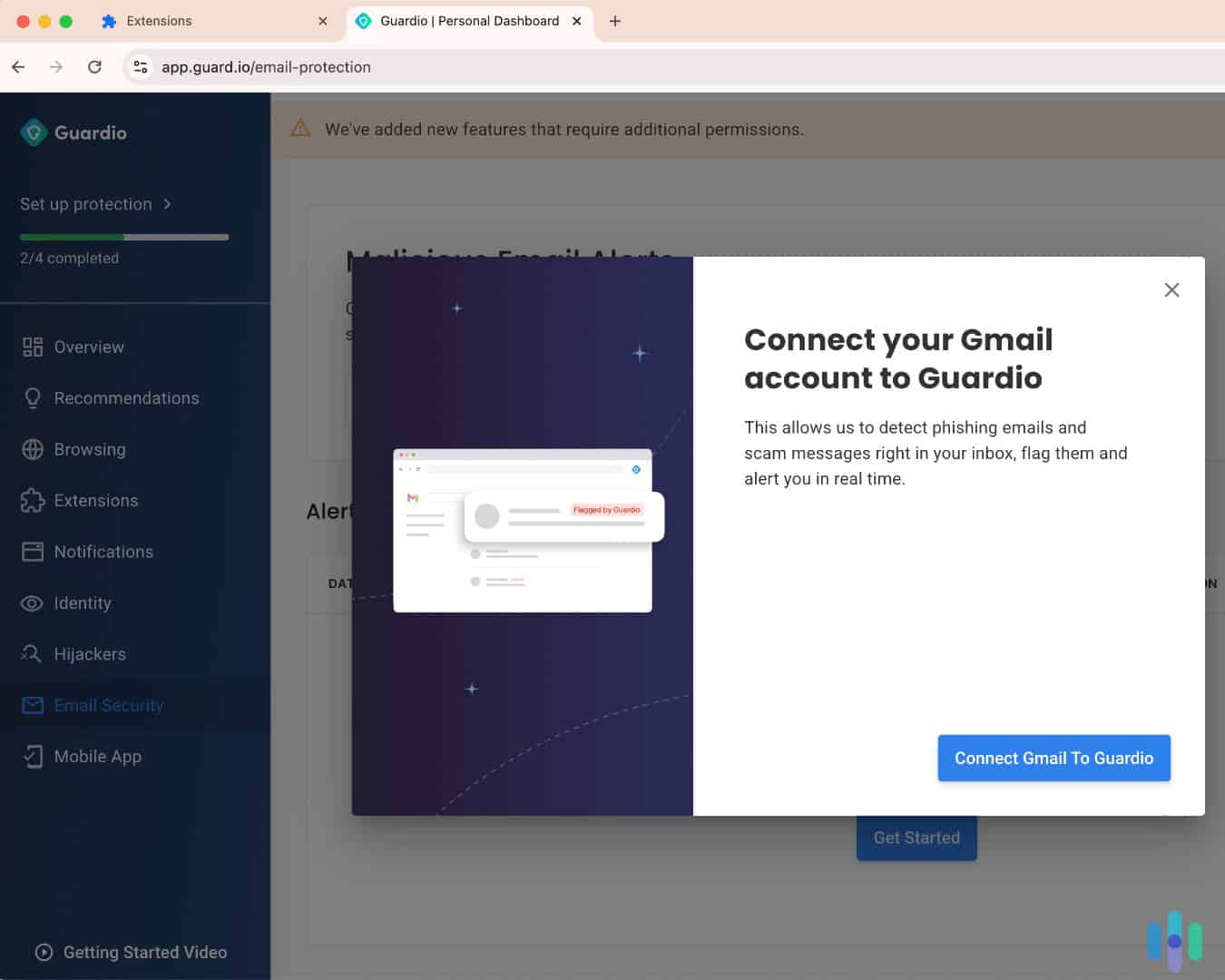 Giving Guardio permission to protect our Gmail account