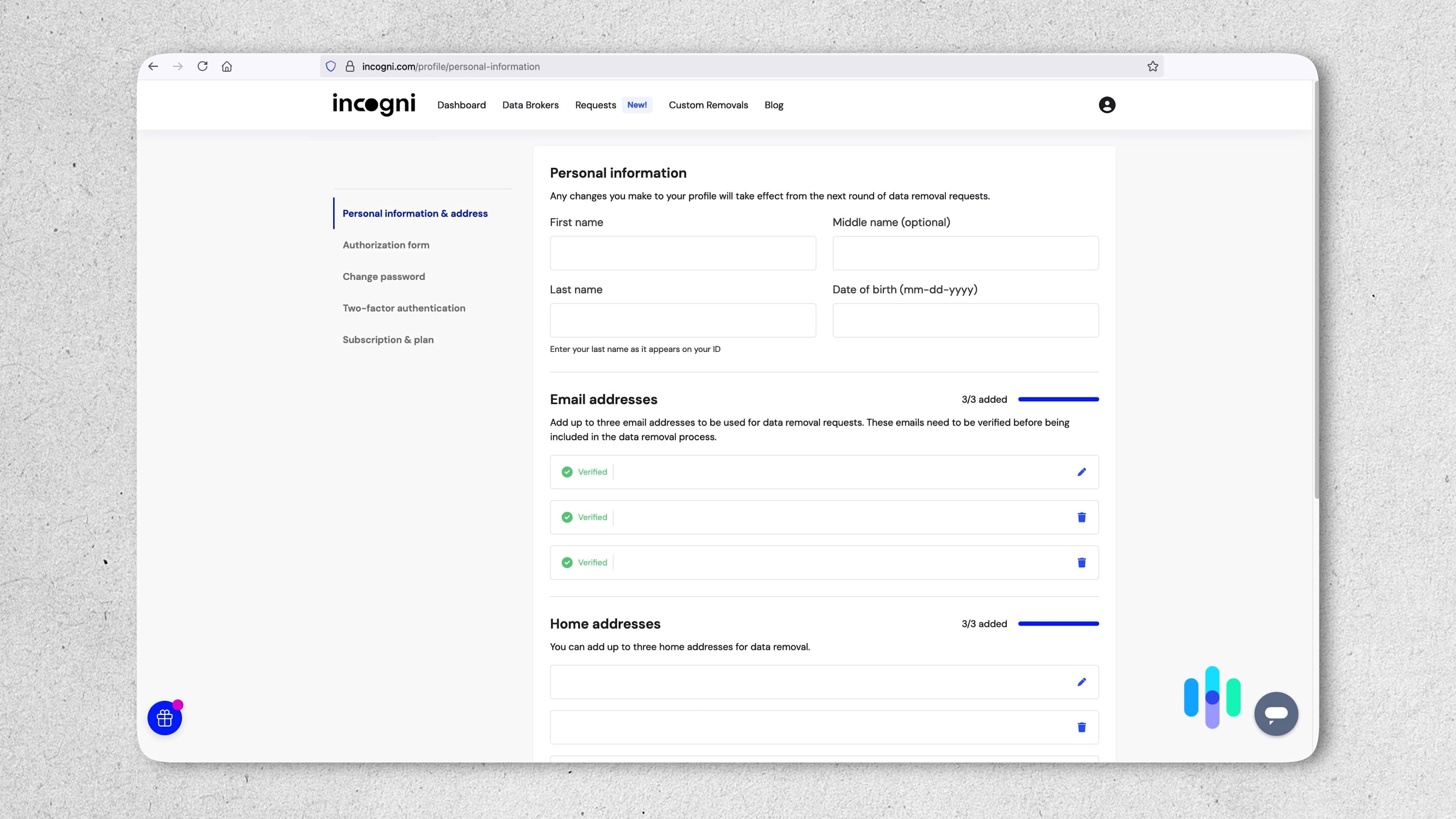 Adding personal information to Incogni Adding personal information to Incogni