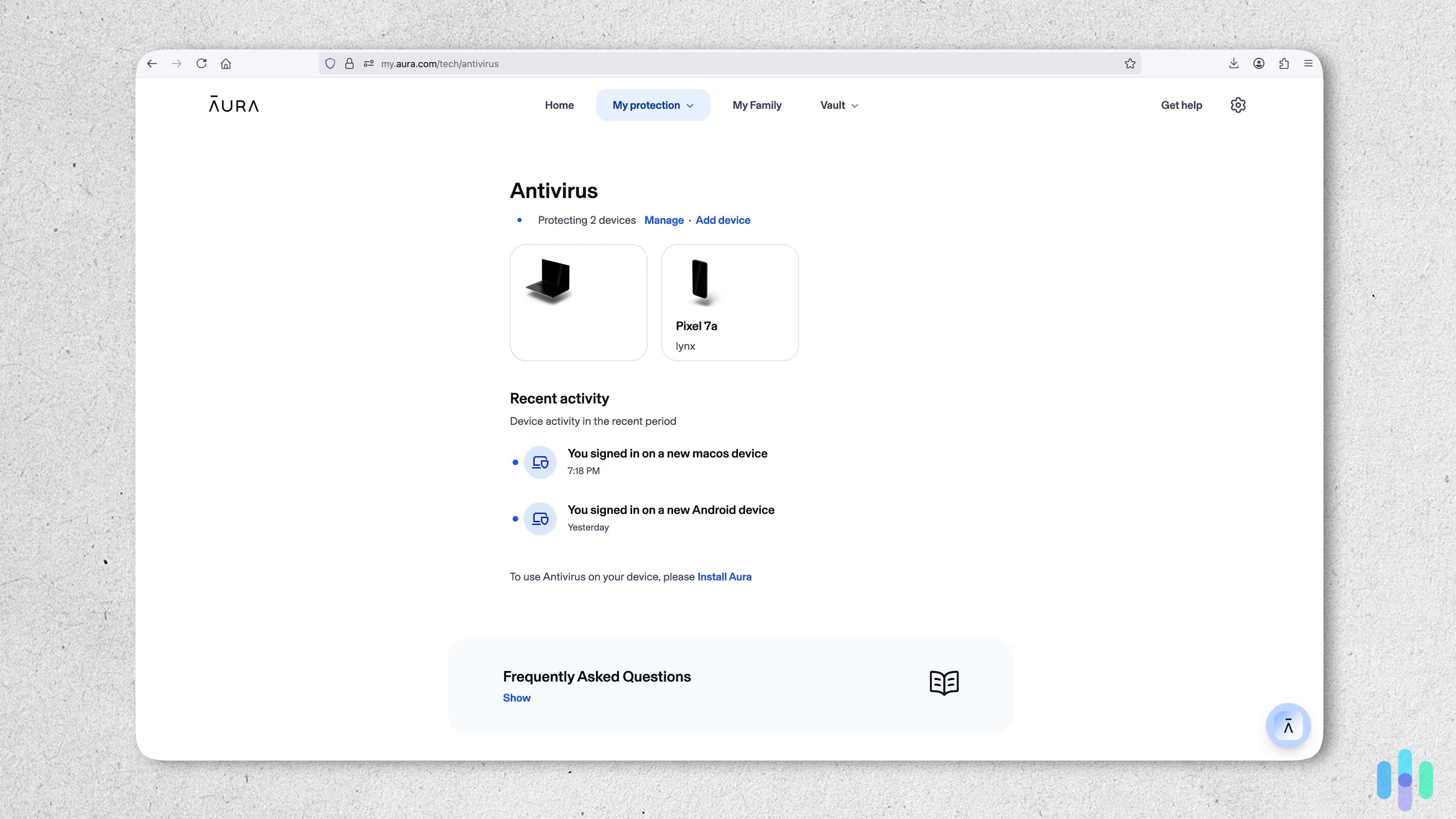 Aura’s antivirus is accessible from its online dashboard and mobile app, so checking our activity was only a click away.