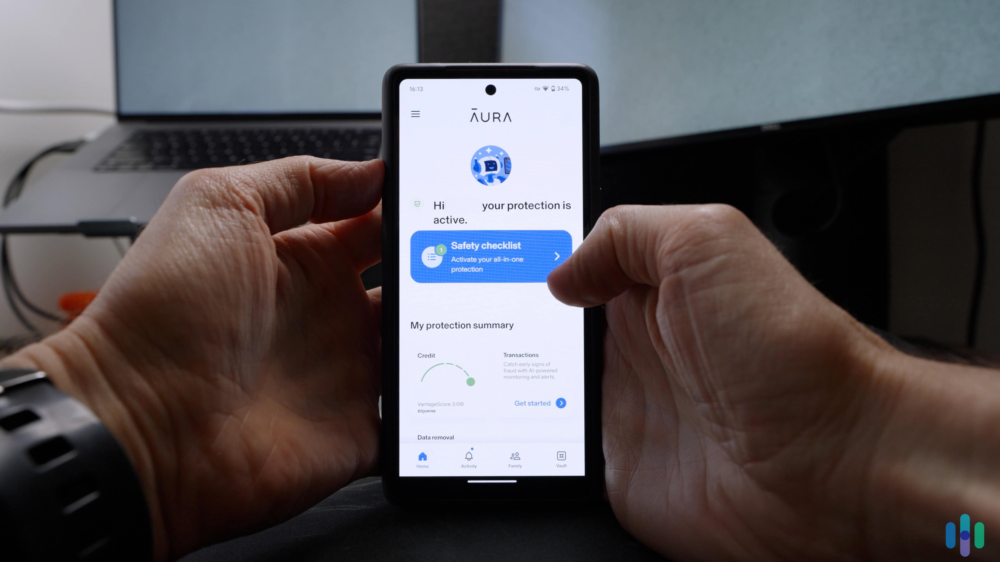Aura app dashboard Aura’s safety checklist includes antivirus protection, password management, and identity theft protection