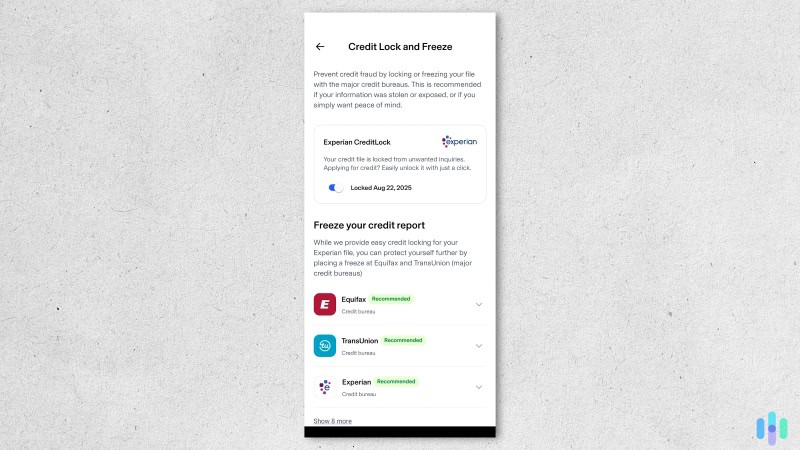 Aura credit lock and freeze Locking our credit report at Experian on Aura’s Android app.