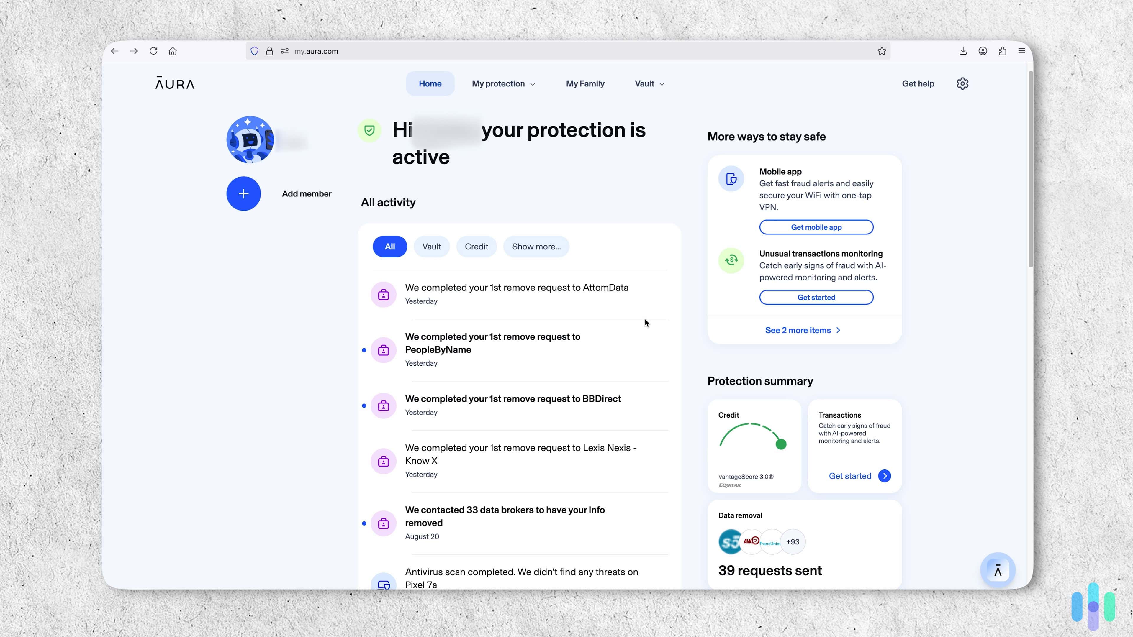 Aura online dashboard (2) Aura flagged five critical data leaks right away. Fortunately, these were past events we’d already taken care of.