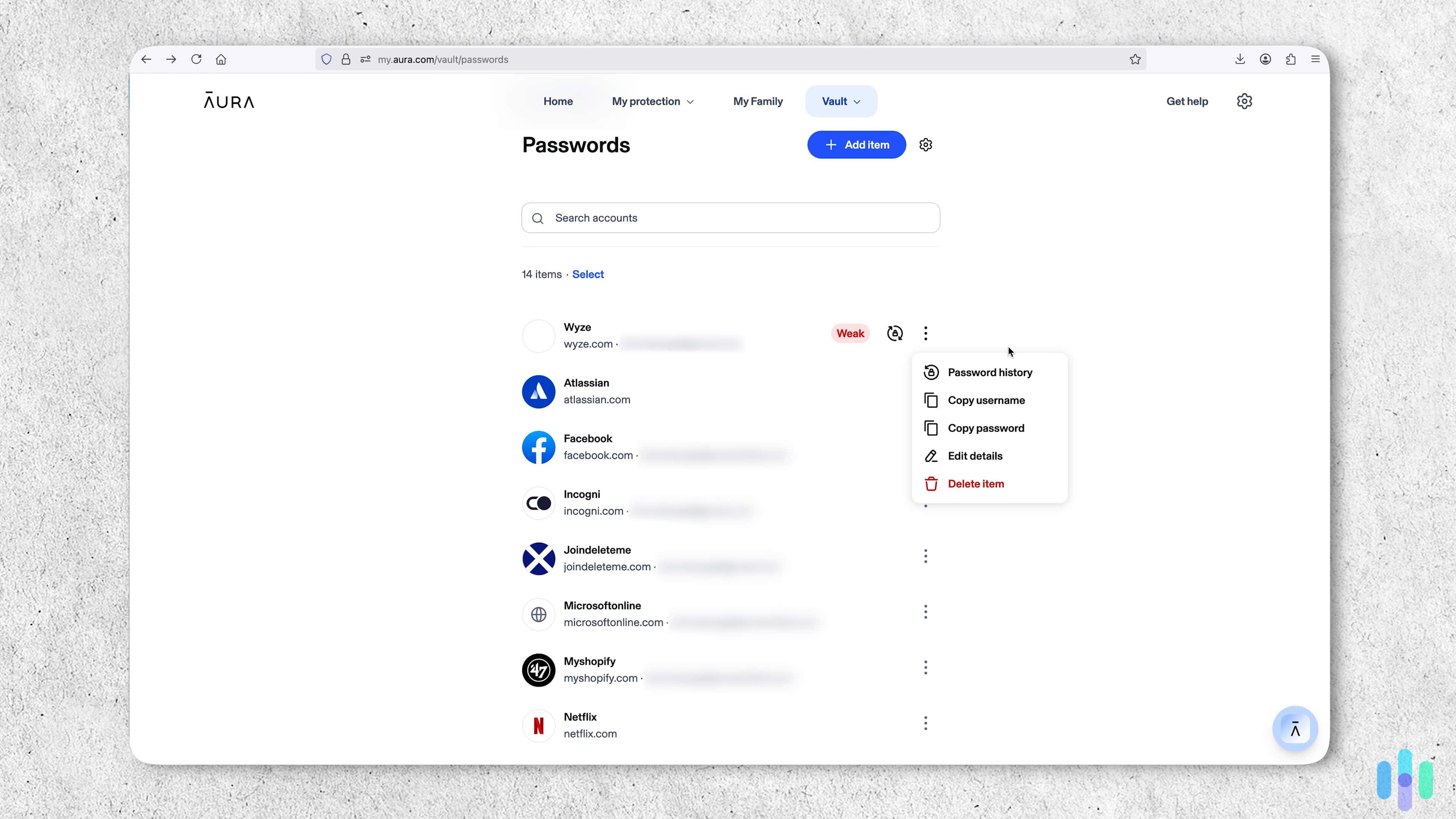 Aura’s minimal online dashboard made searching for our passwords easy.