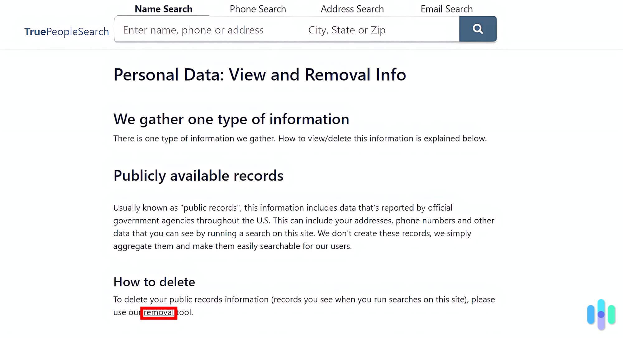 Click the highlighted link to access TruePeopleSearch.com’s data removal tool.