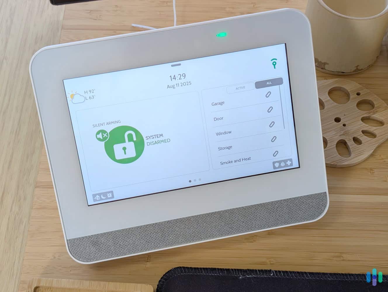 Our Frontpoint Display Hub+ is a sleek but vital piece of equipment — it connects Frontpoint's sensors to the monitoring center.