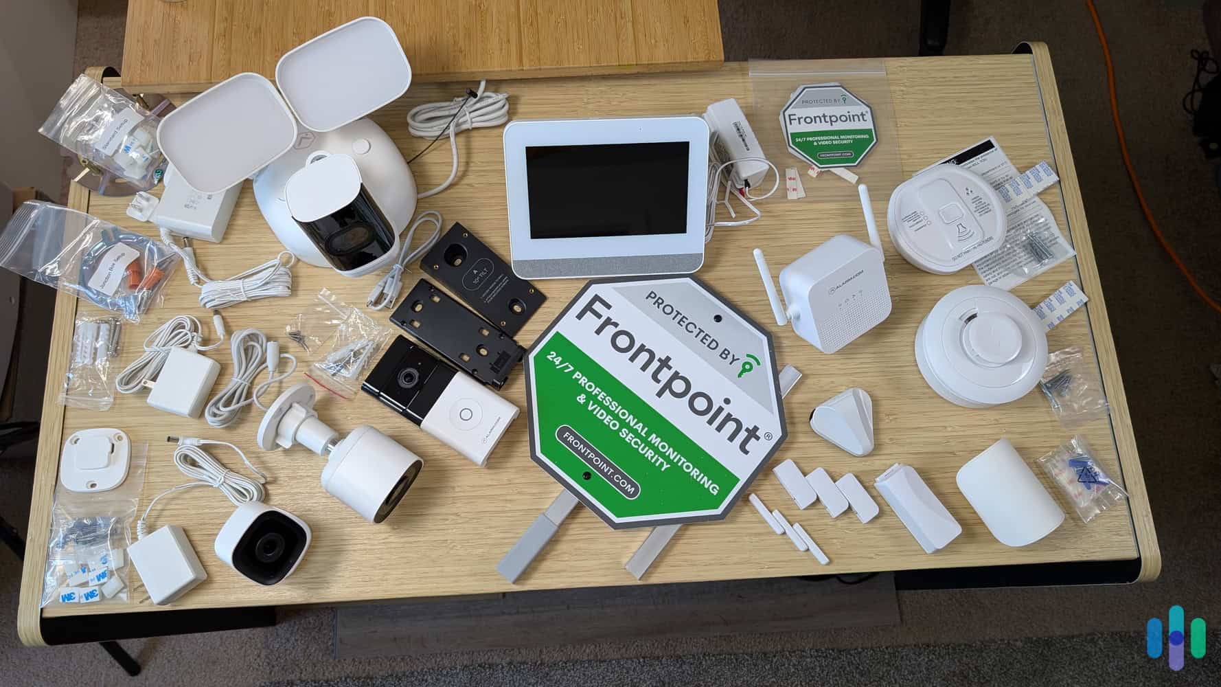 Frontpoint security systems include all the mounting hardware and power cables you'll need for installation