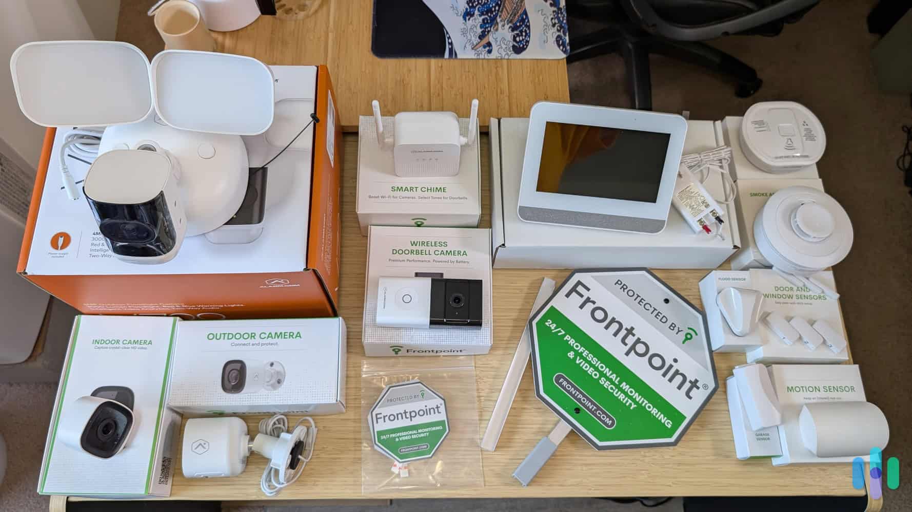 Frontpoint equipment on boxes on desk