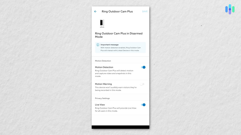 Ring Outdoor Cam Plus modes in Ring App The Ring Always Home App allowed us to adjust the settings on individual cameras.