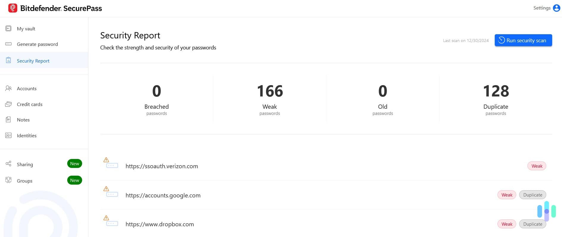Strangely, the dashboard Security Report was less detailed than the report in the mobile app