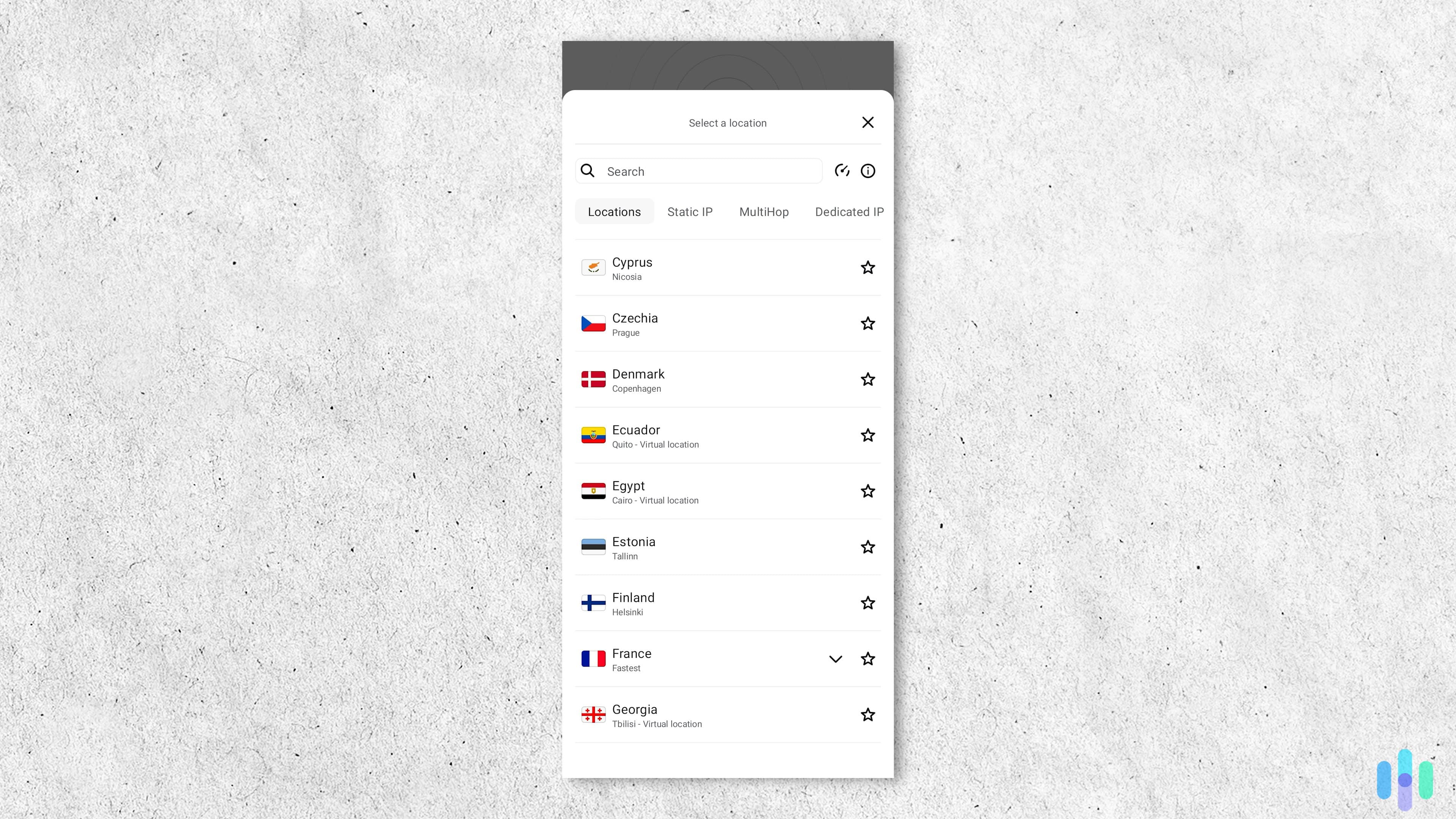 Surfshark server list in Android app (1) We recommend tapping the star button next to your favorite servers for easy access on the home page.