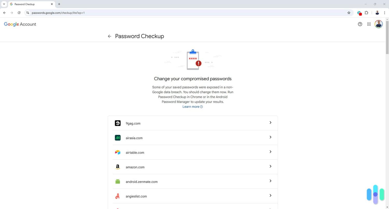 The Google Password Manager can also scan for compromised passwords and credentials.