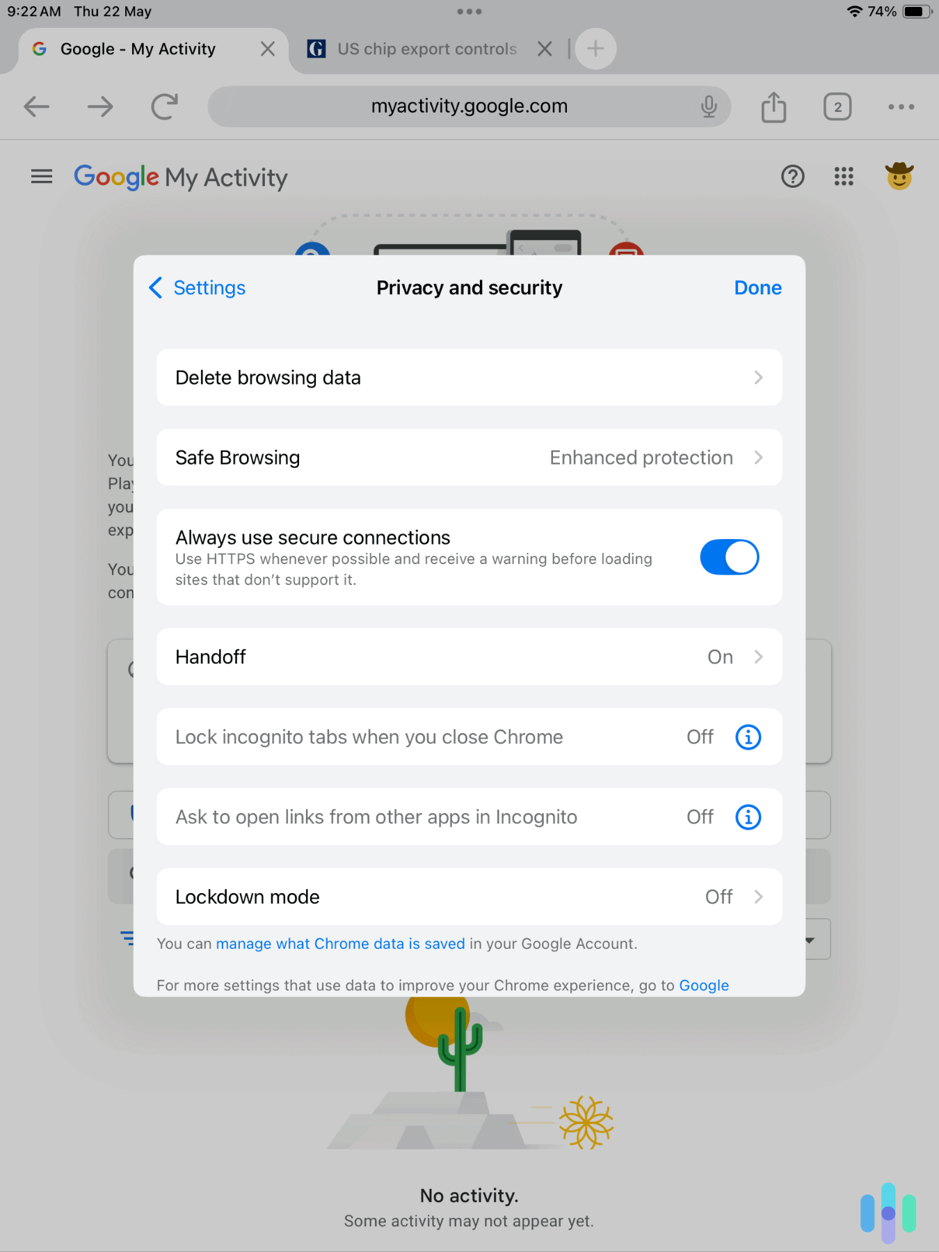 Toggling on HTTPS-only browsing in on Chrome’s iPad settings