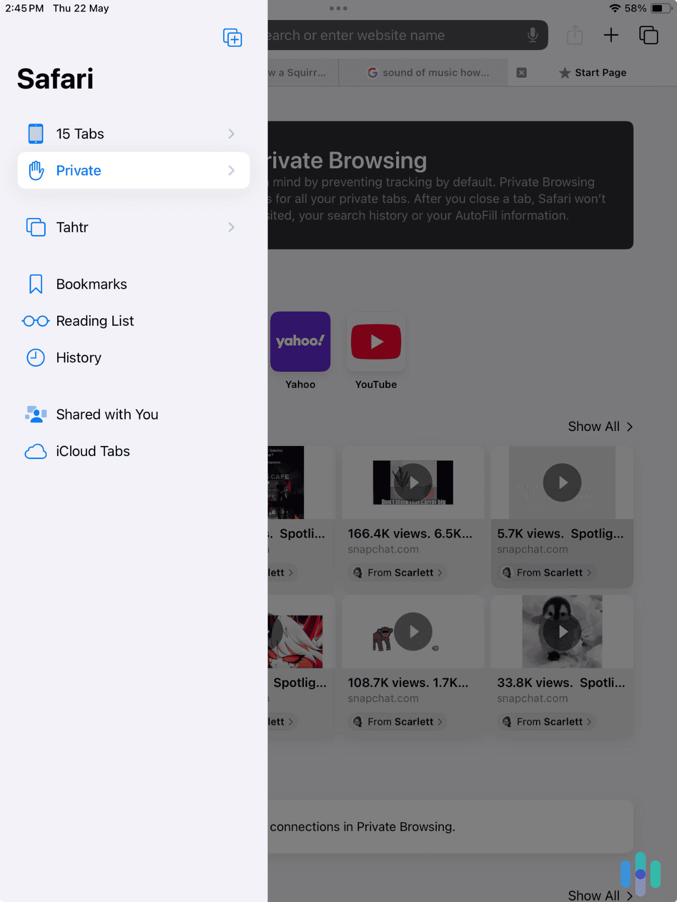 Opening a private browsing tab in our iPad Safari app
