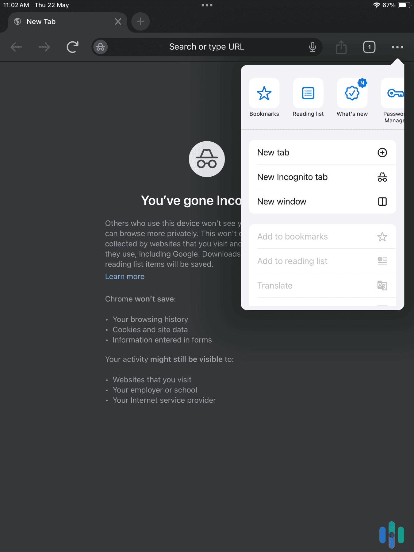 Browsing in an Incognito window on our Chrome iPad app