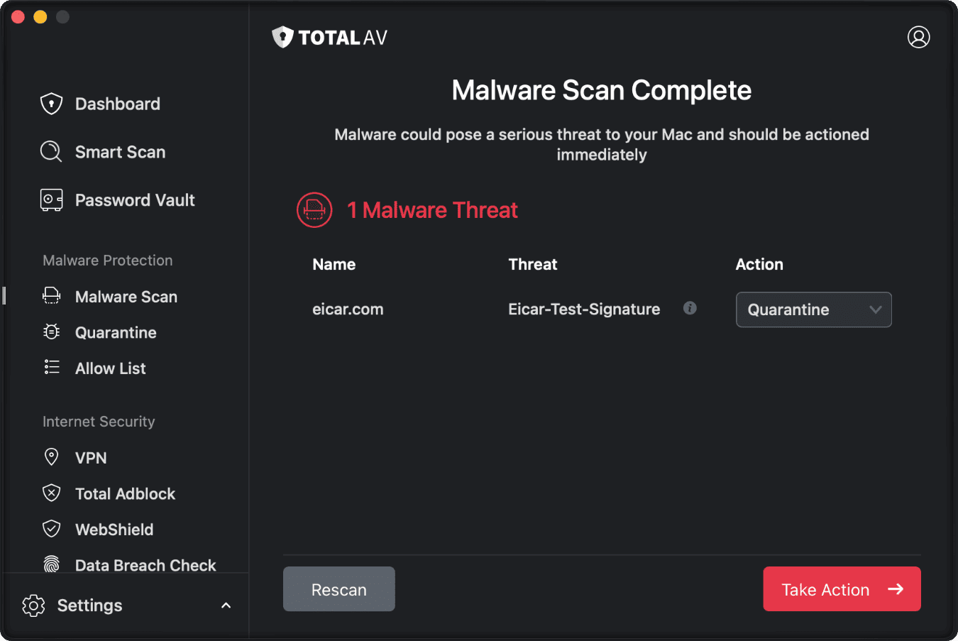 TotalAV nailing one of our test viruses, locking it in quarantine quickly.