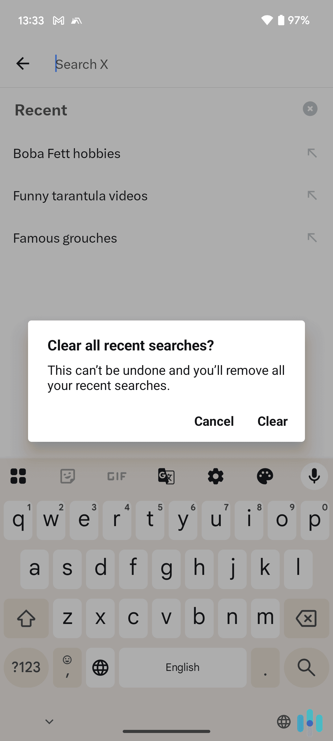 Deleting all our recent X searches on the Android app