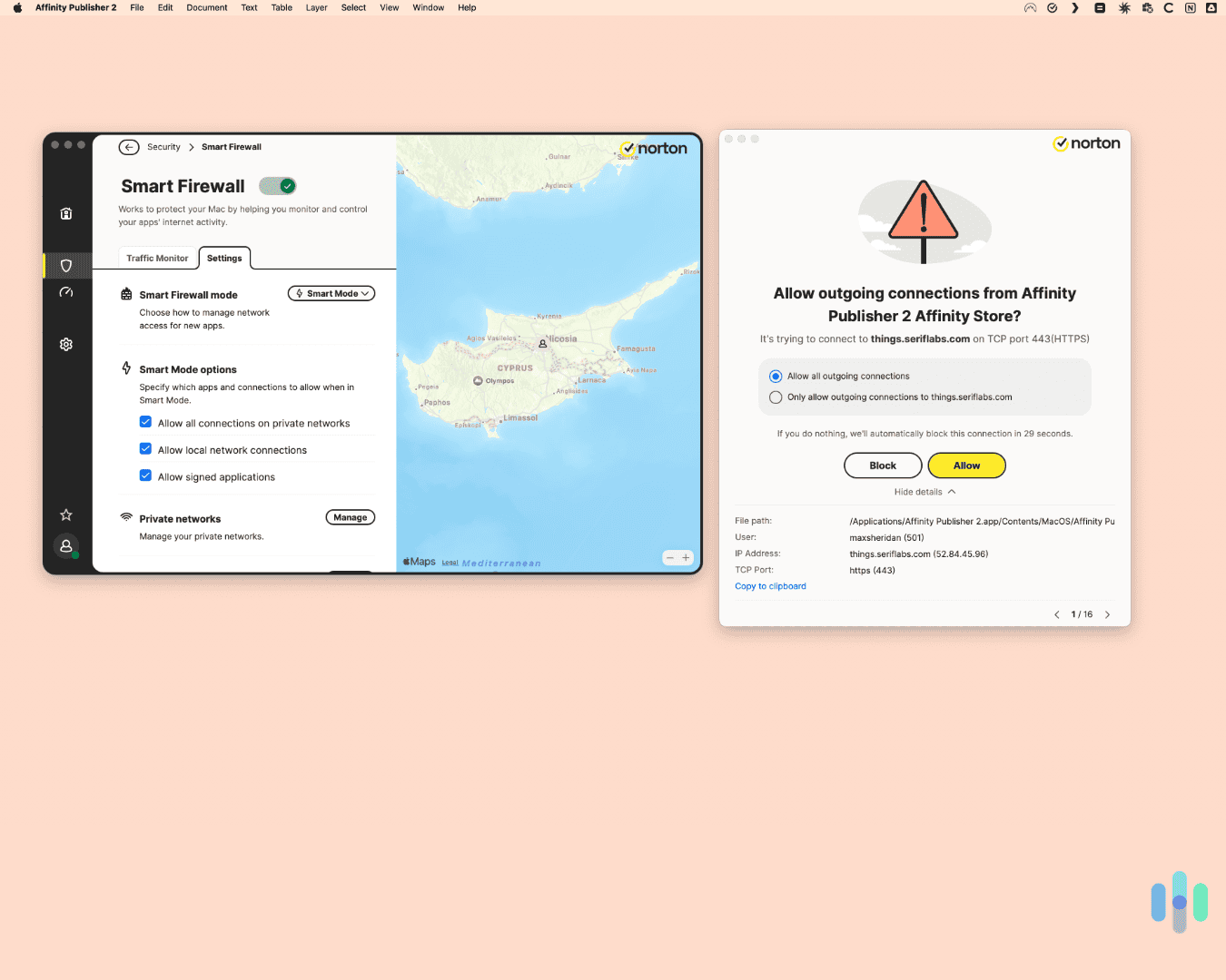 Norton's “Smart Firewall” checking an outbound request it wasn't sure about.