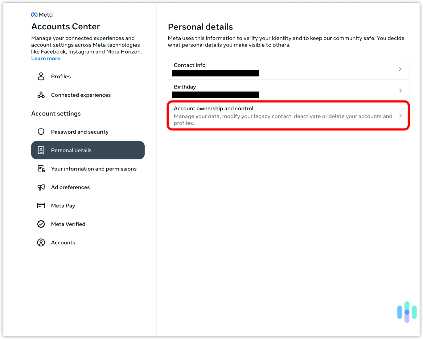 To delete our Instagram account, first we had to find the “Account ownership and control” tab in the “Accounts Center.” 
