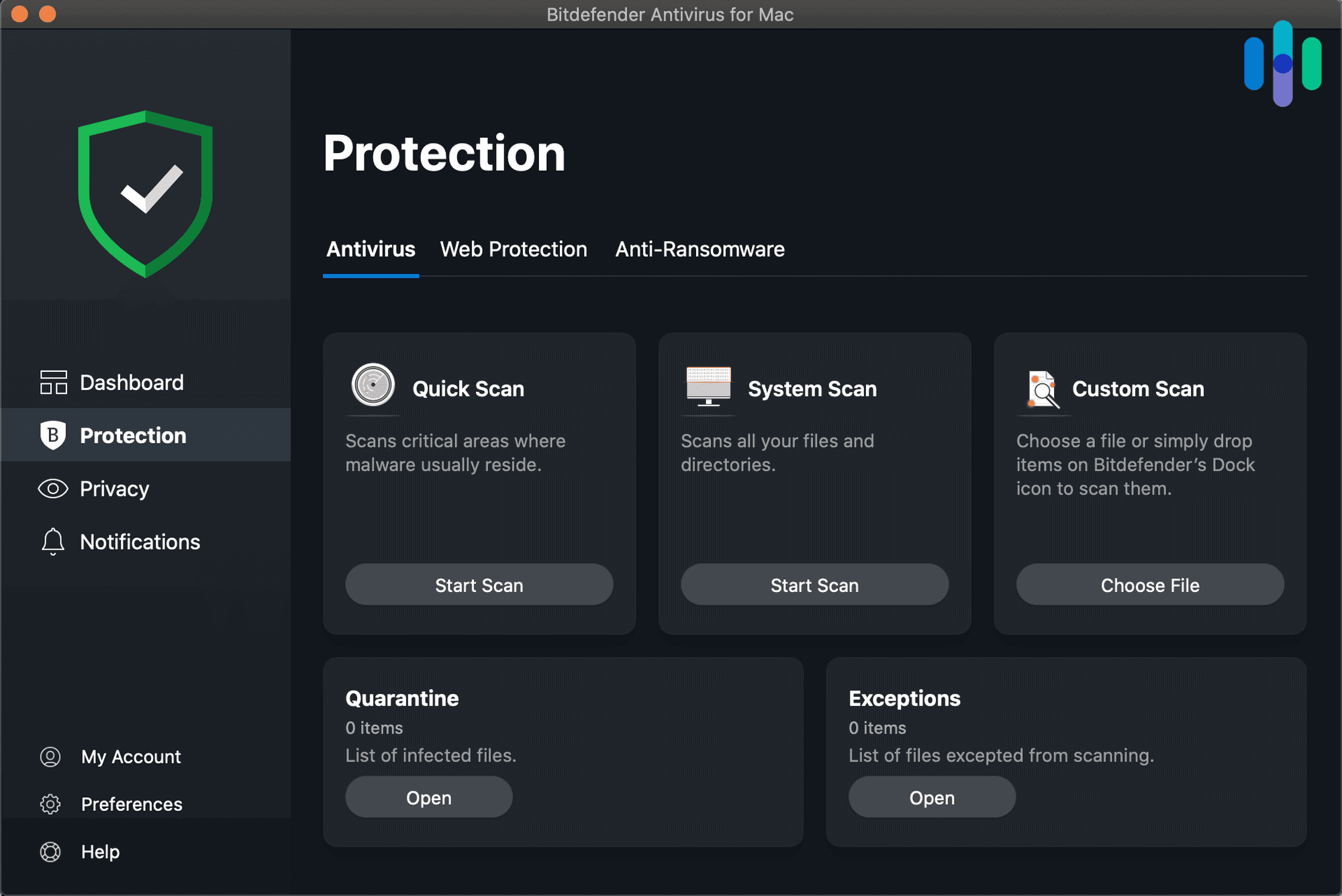 Bitdefender’s dashboard made it easy for us to run and schedule system scans.