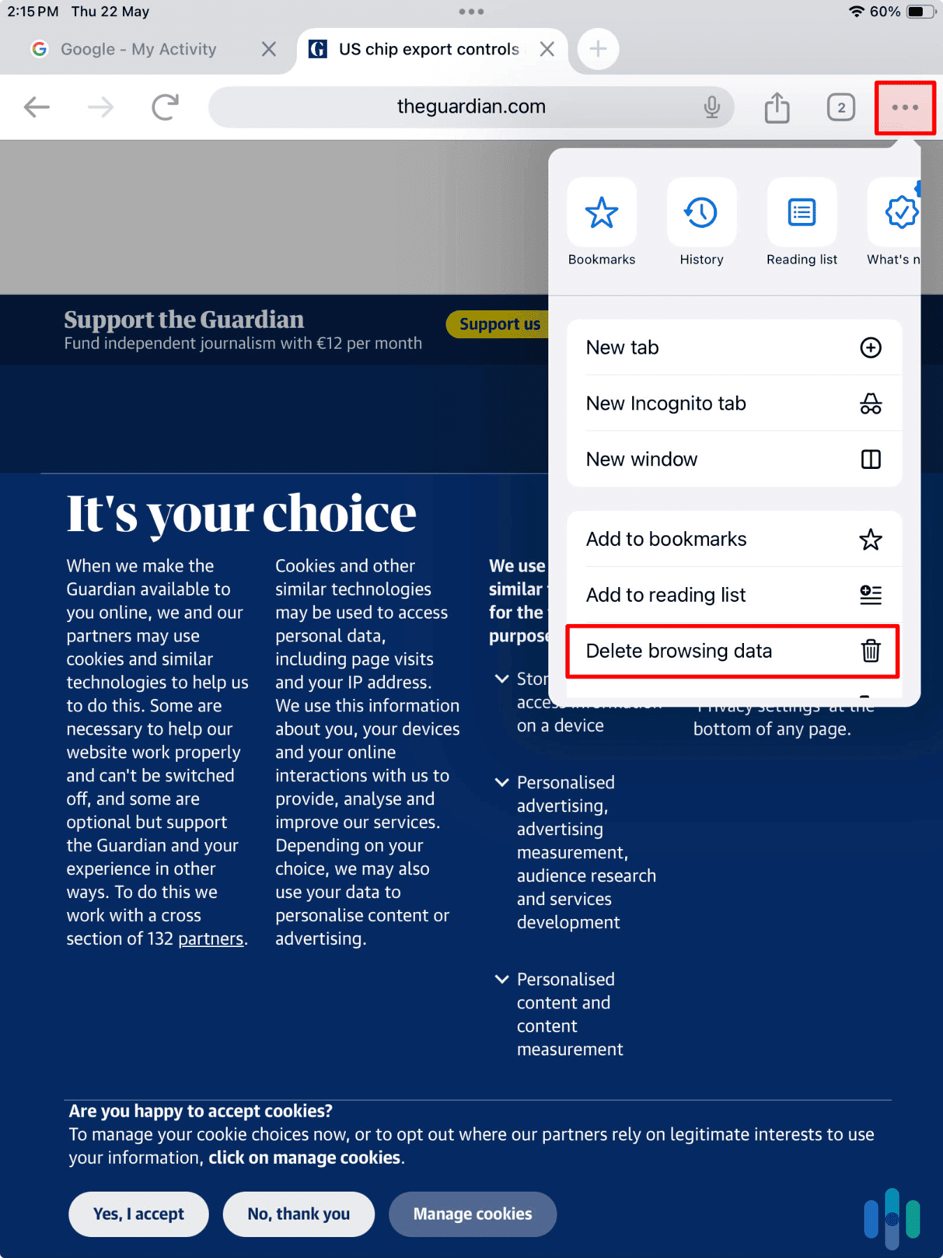 Locating Chrome’s Delete browsing data in the More menu on our iPad