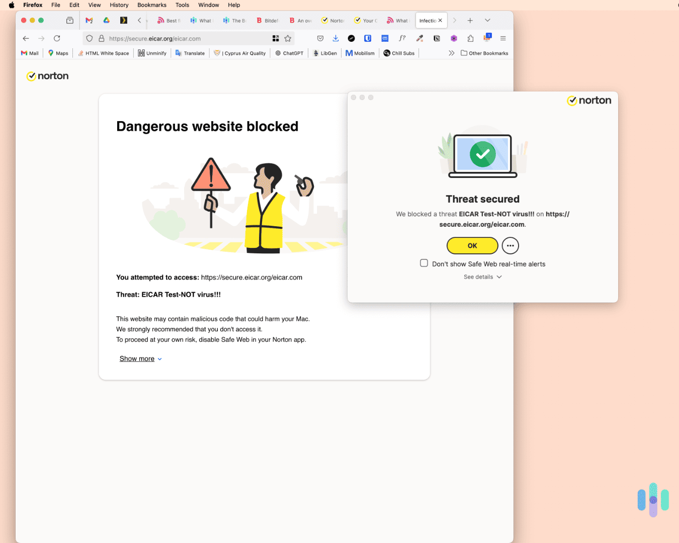 Norton's antivirus stopped a malicious file from landing on our desktop.