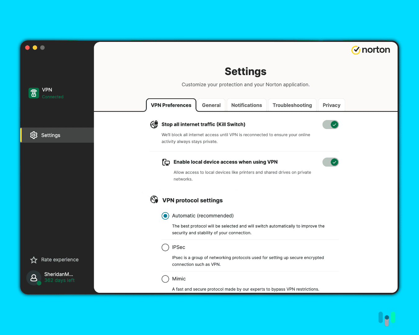 Norton’s kill switch worked in most situations but reconnection was a little sluggish.