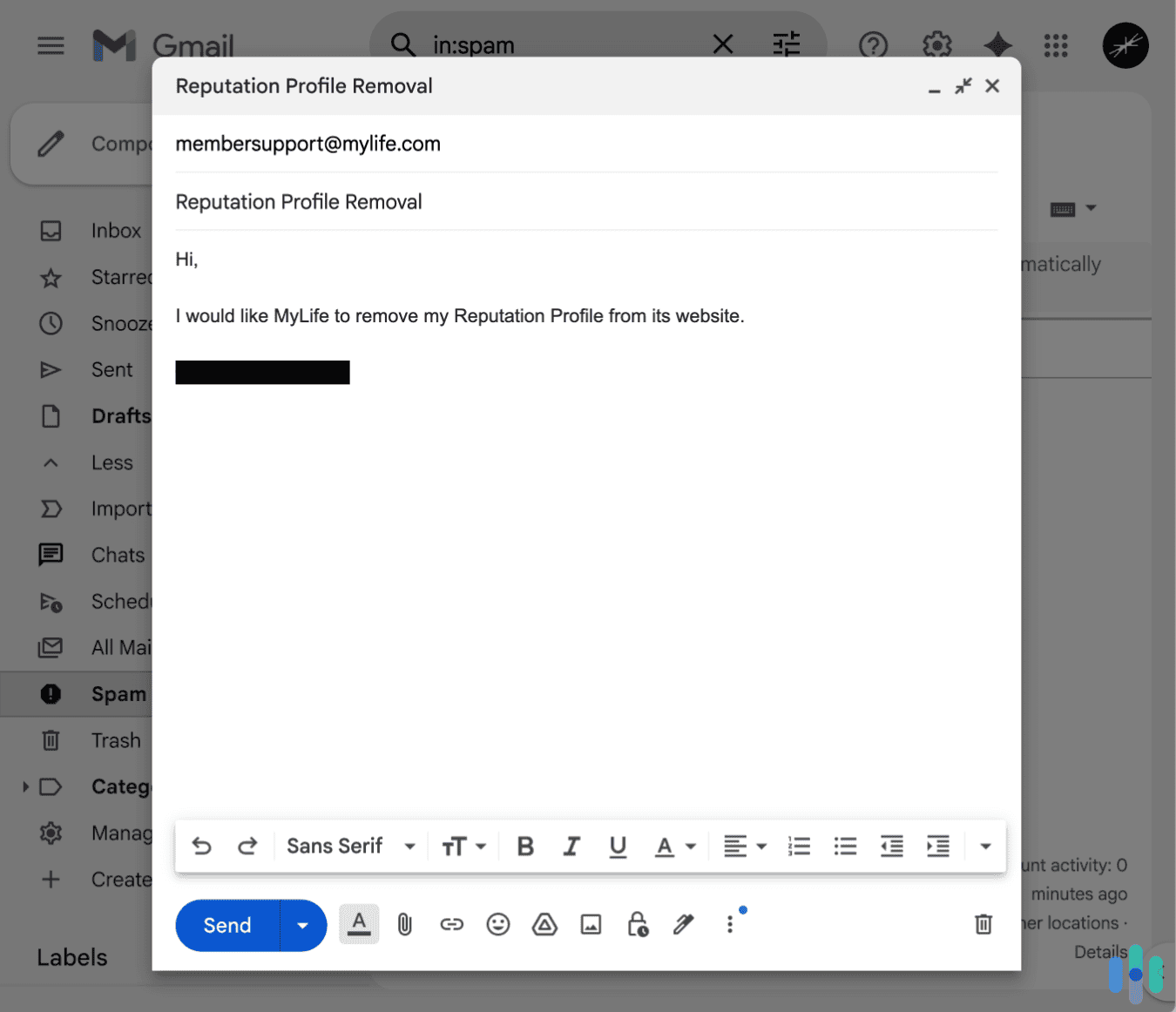 Sending our written request to remove our MyLife profile