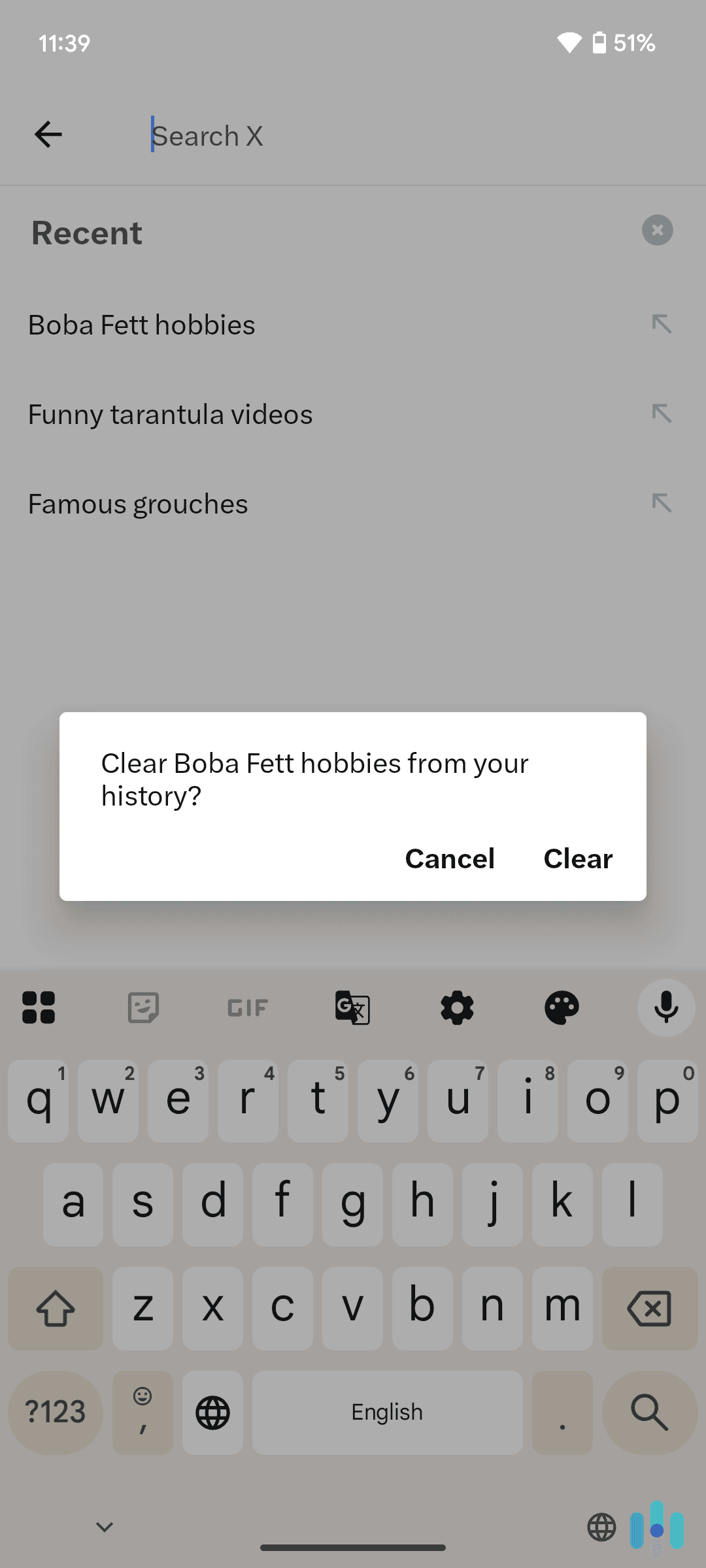Deleting a single search term from our X search history on our Android
