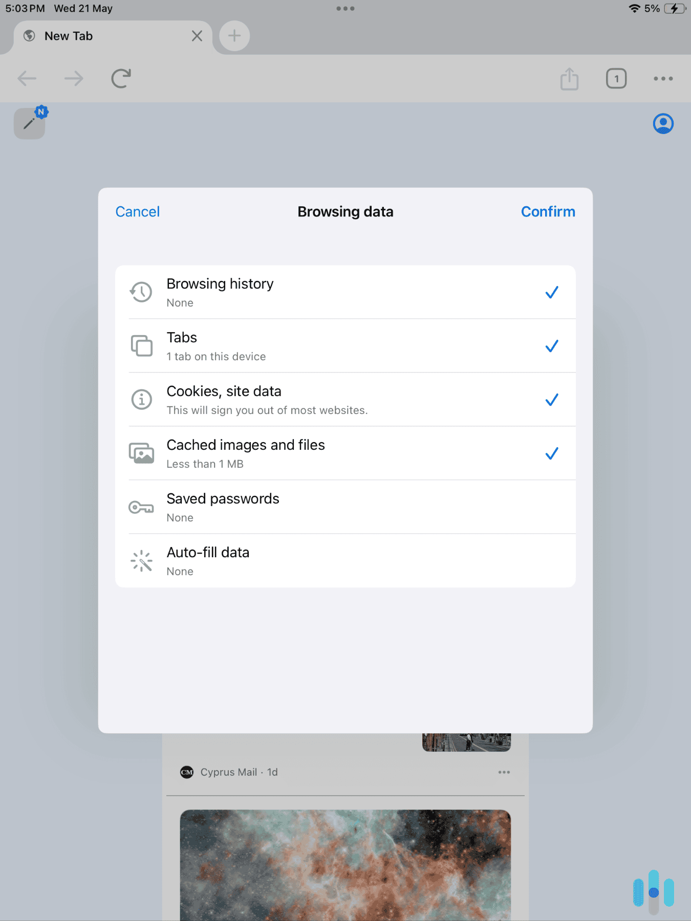 Selecting the cached items we want to clear from Chrome on our iPad