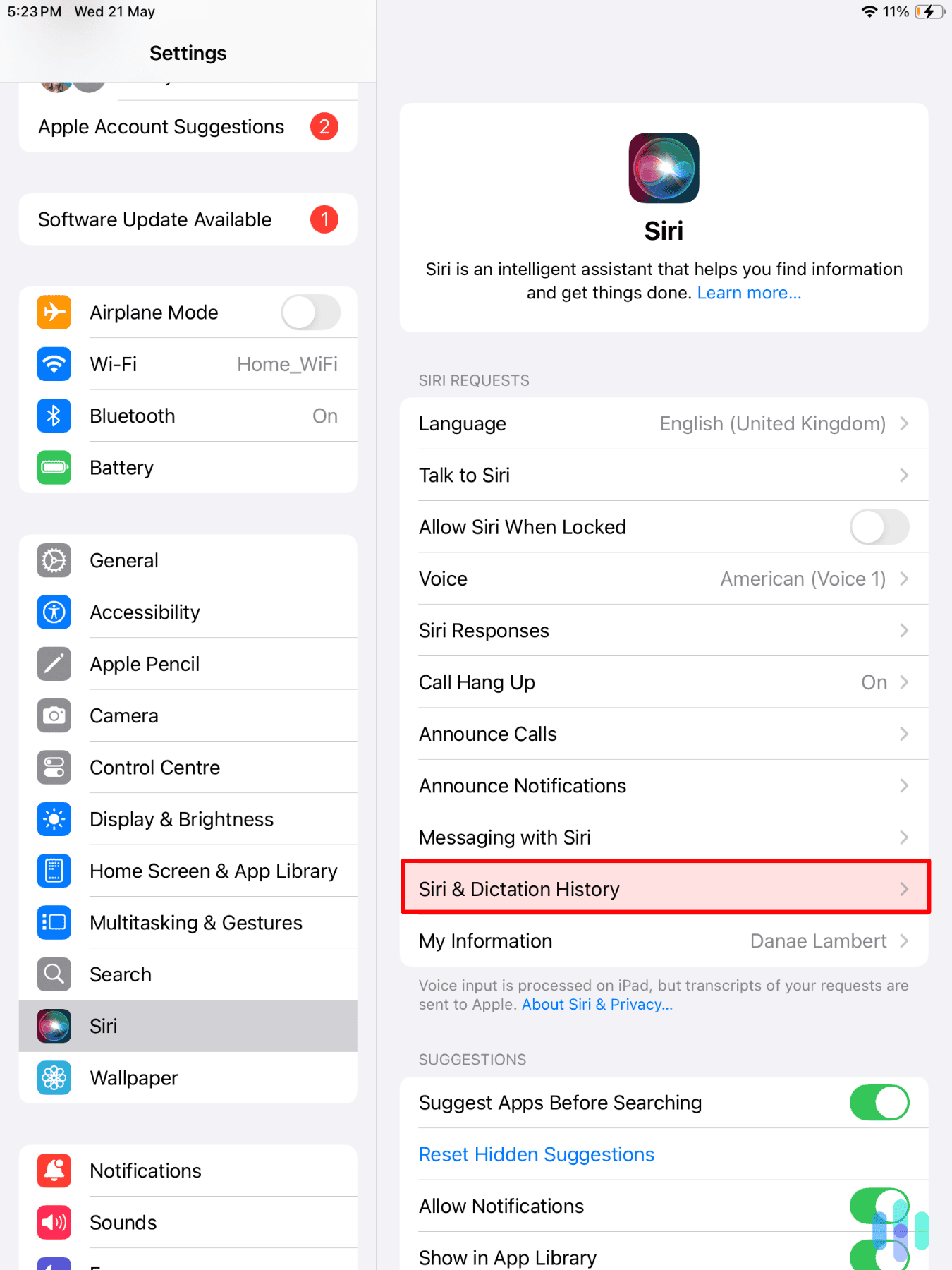 Locating Siri History within our iPad’s Settings panel