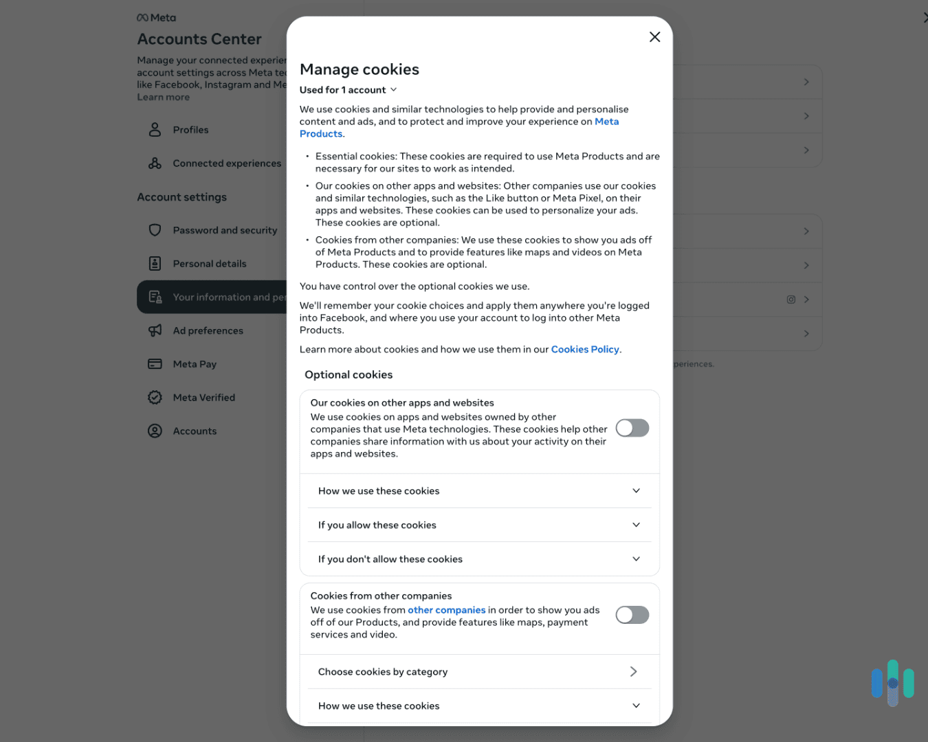 We toggled off Instagram’s optional cookies in the “Accounts Center.”
