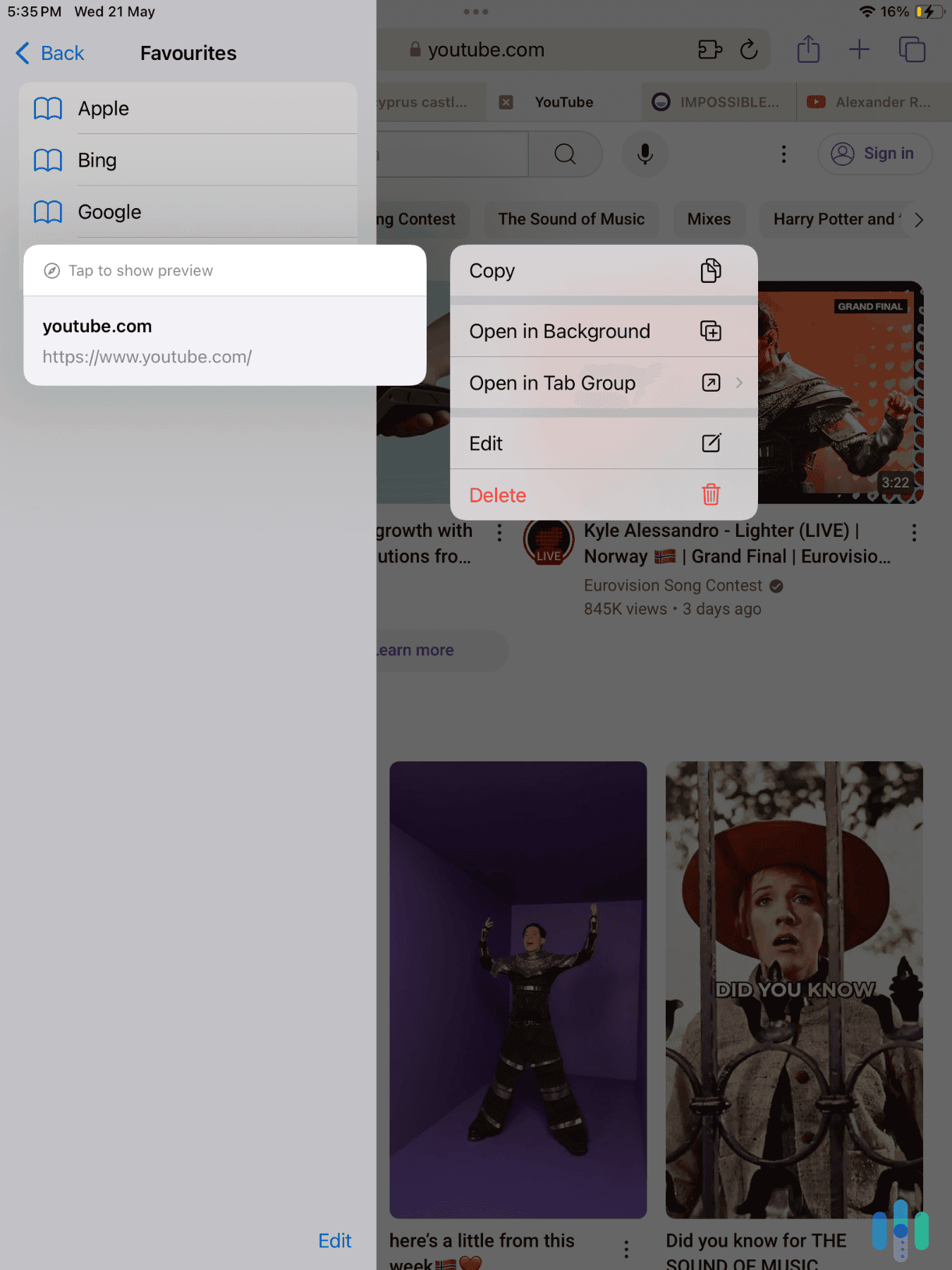 Deleting a Safari bookmark in the Safari iPad app