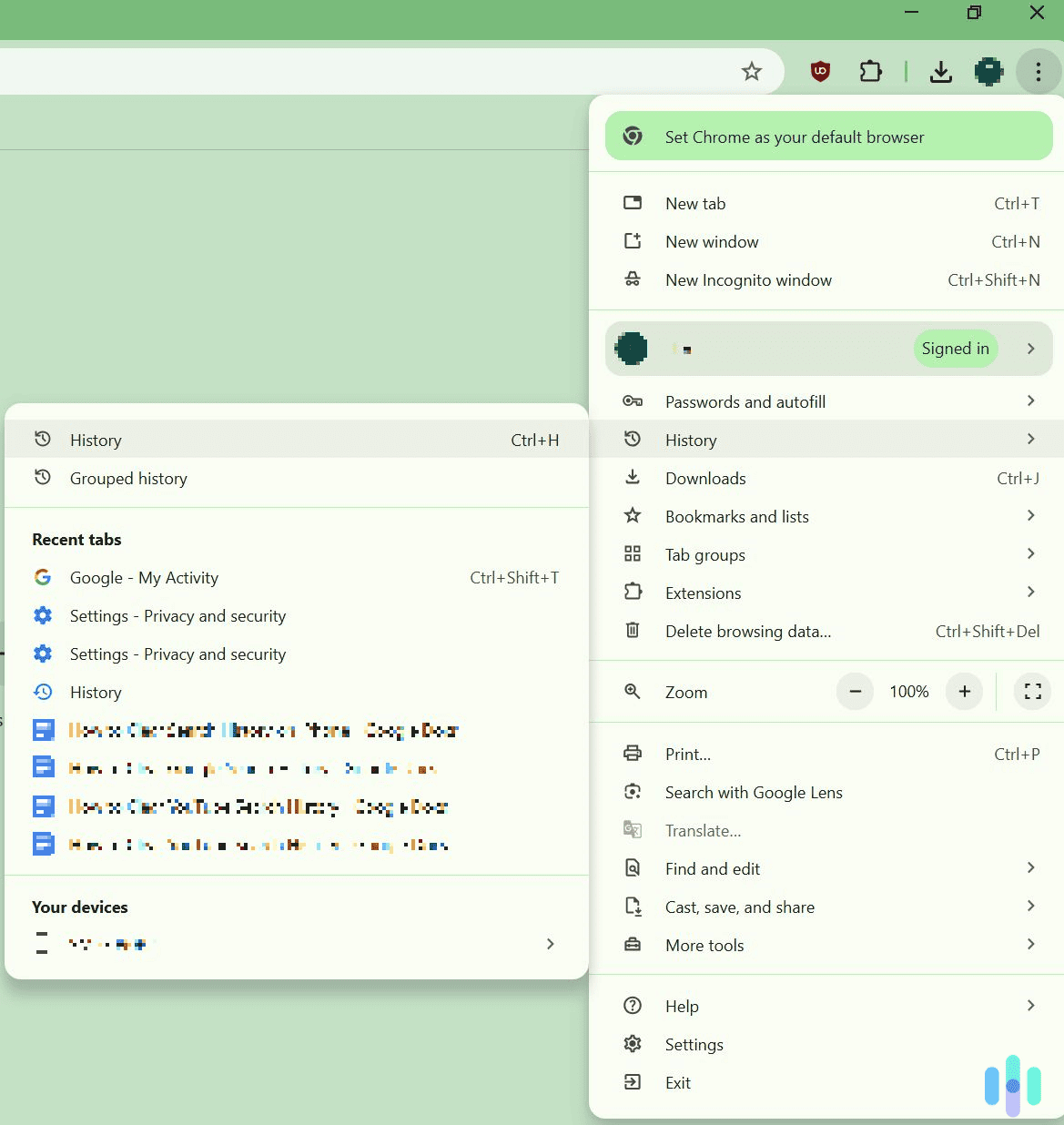 Access the history page via Chrome's main menu.