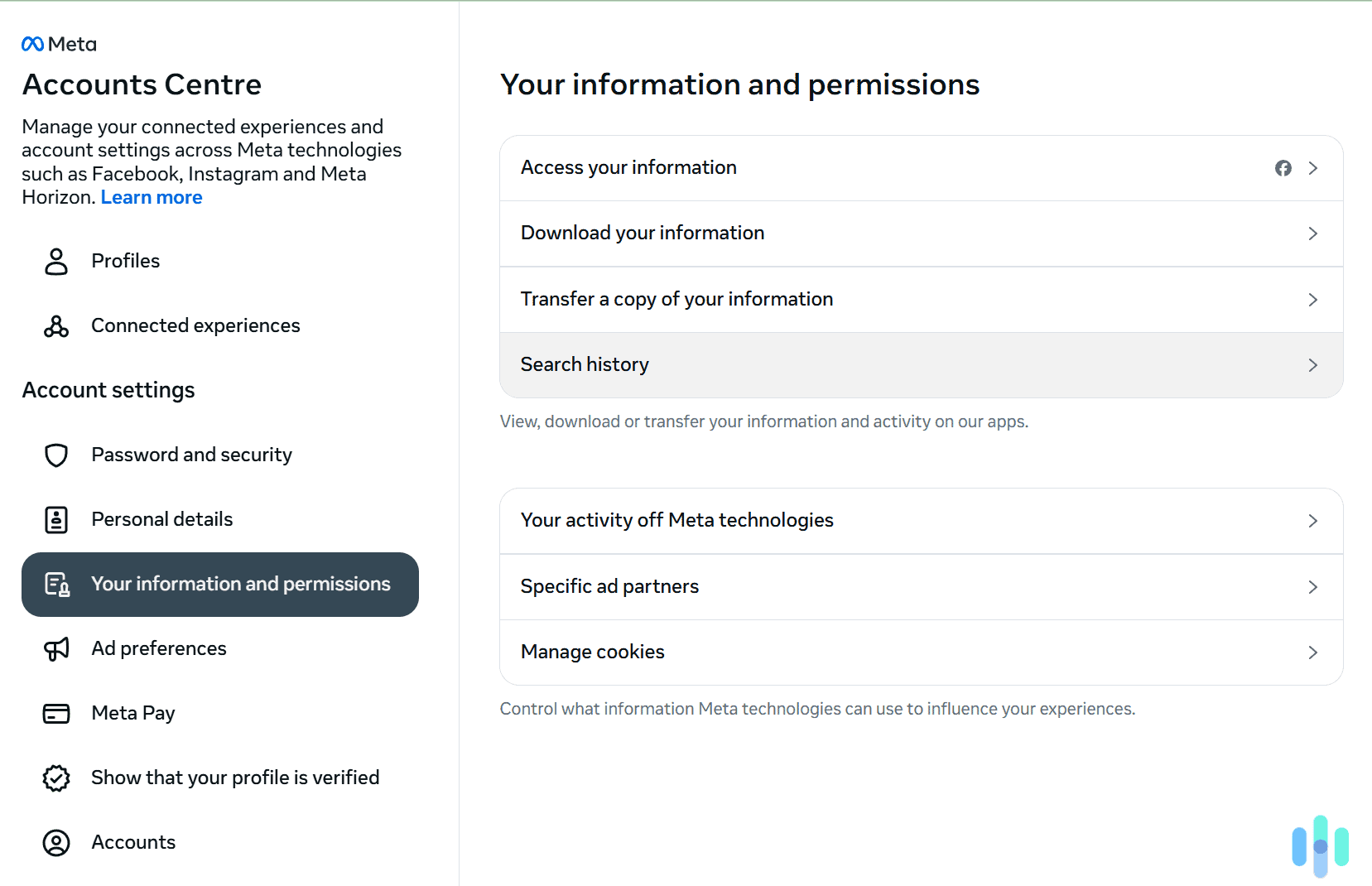 Access your search history settings.