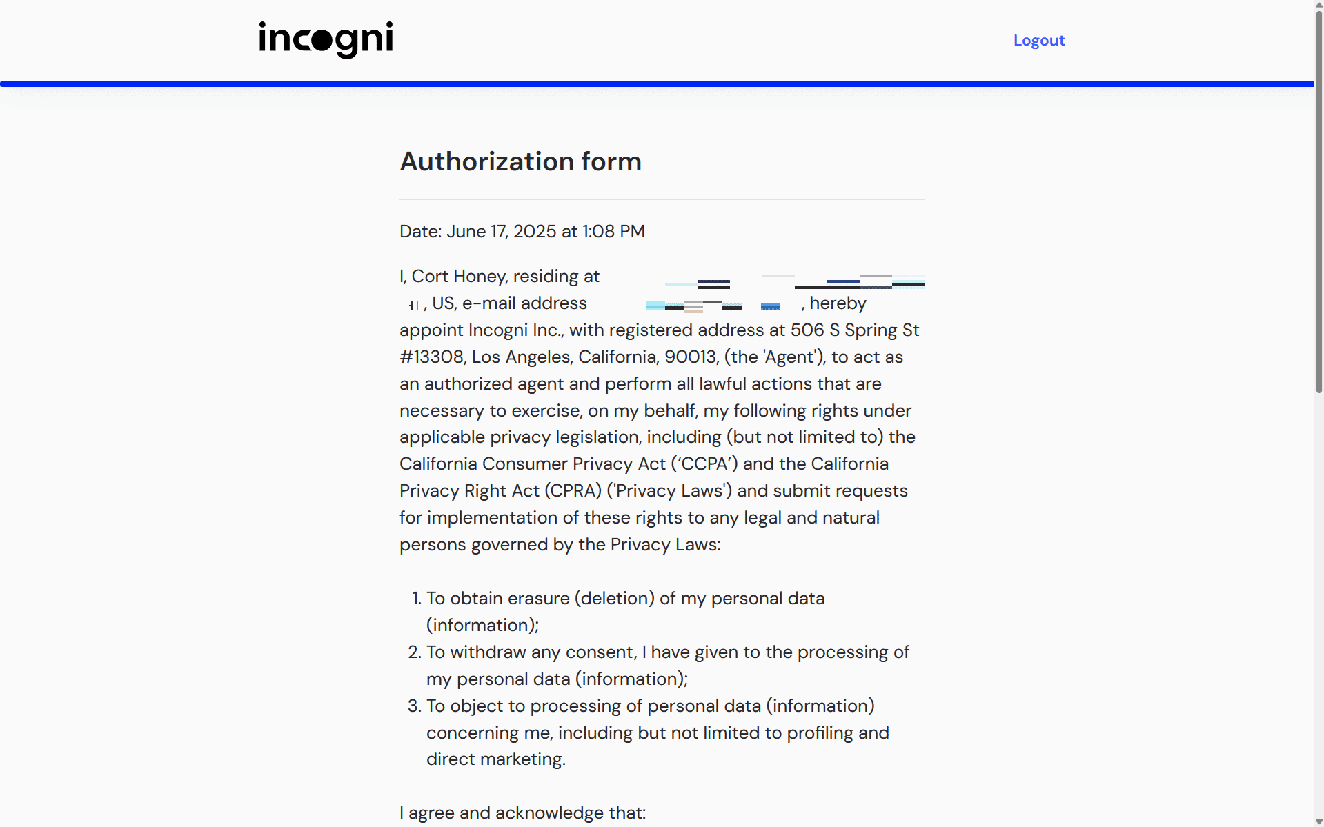 Incogni authorization form