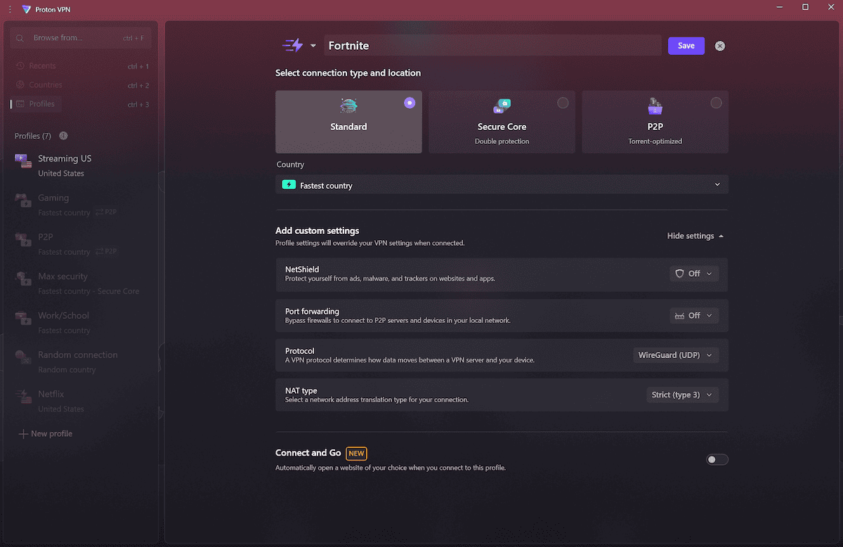 Automate how Proton VPN connects to servers via the Profiles feature.