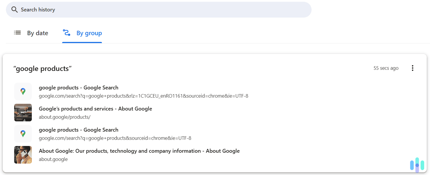 Chrome also groups searches and web pages by groups.