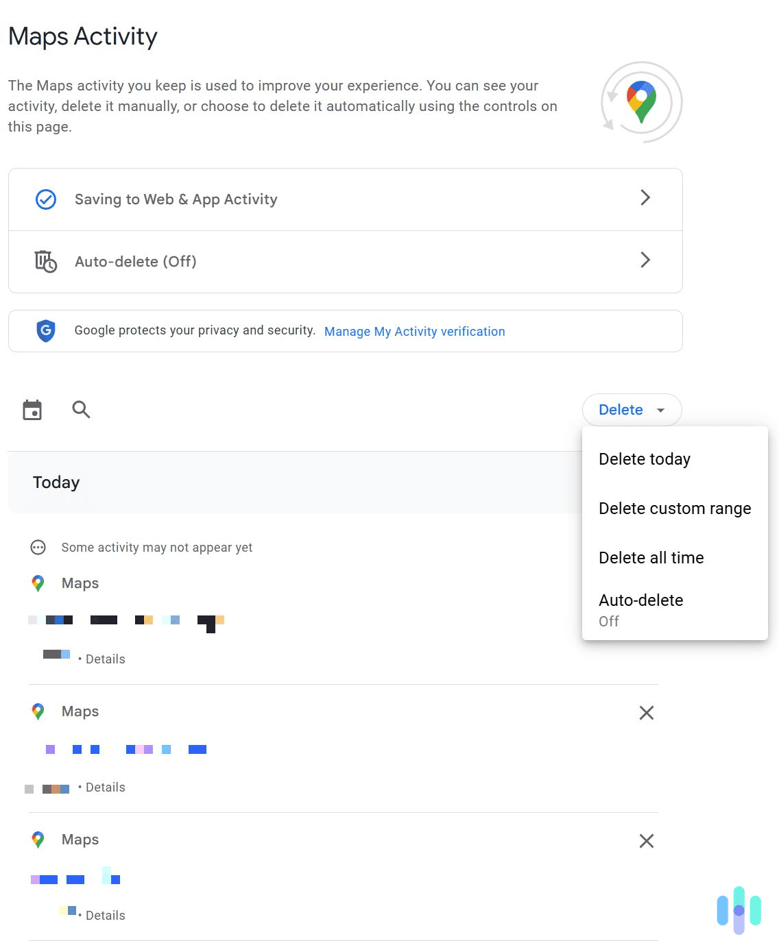 Clear individual Google Maps search entries, or delete them in bulk.