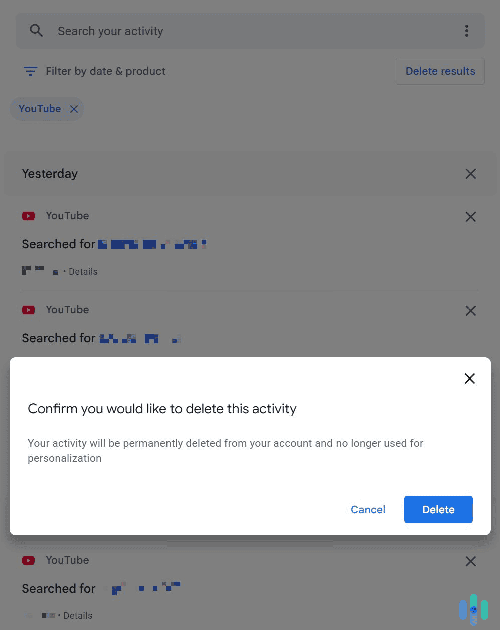 Confirm the deletion request to remove all YouTube search history.