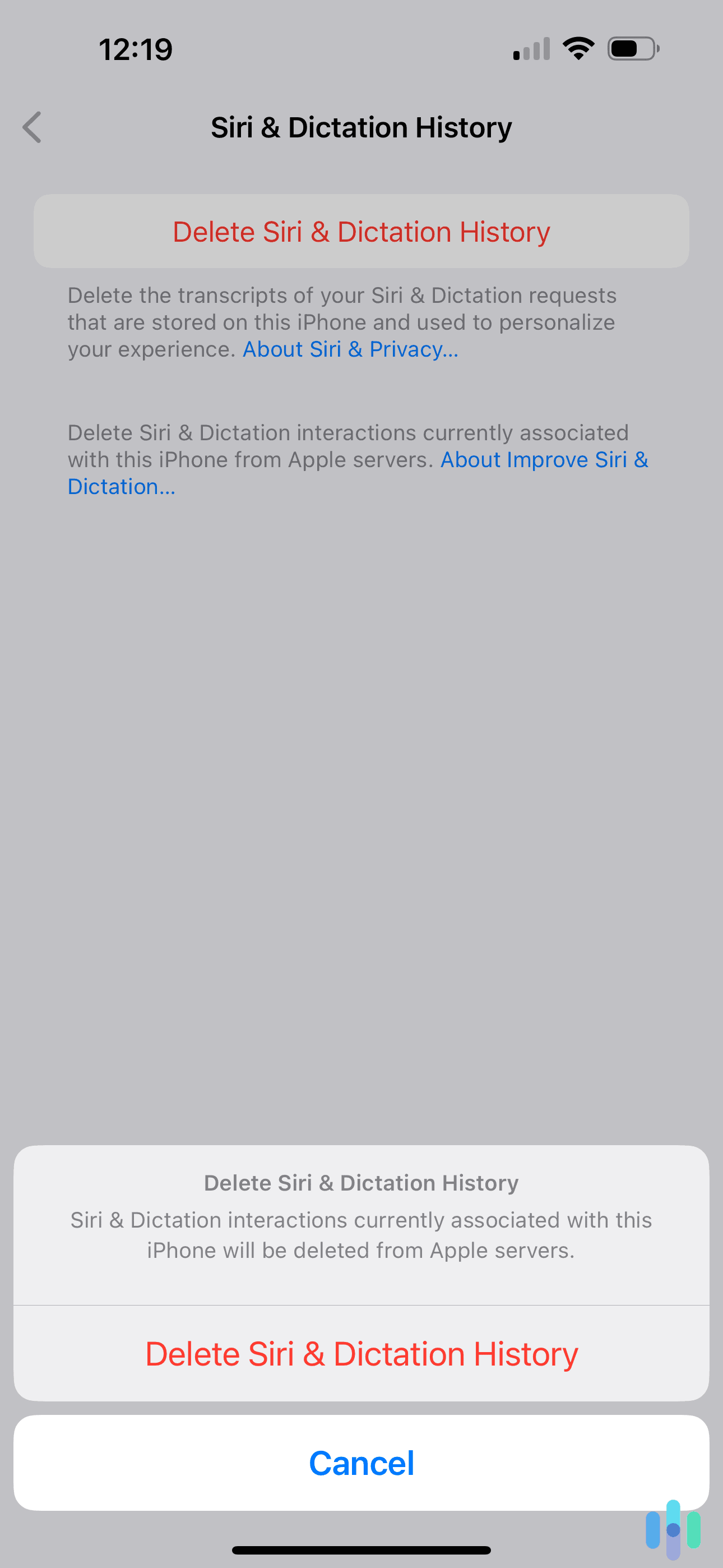 Deleting Siri and Dictation history on an iPhone