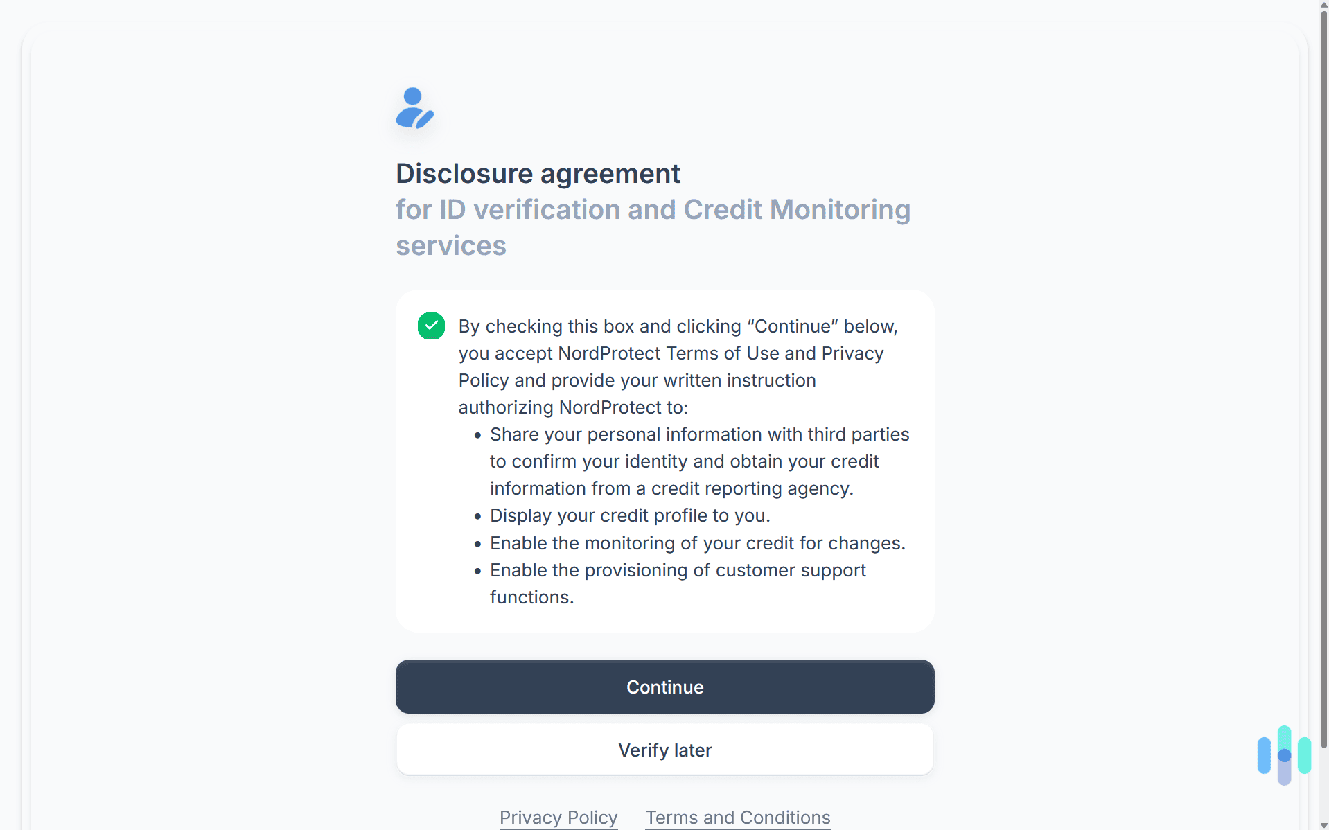 After signing up for NordProtect, we had to agree to their terms of service.