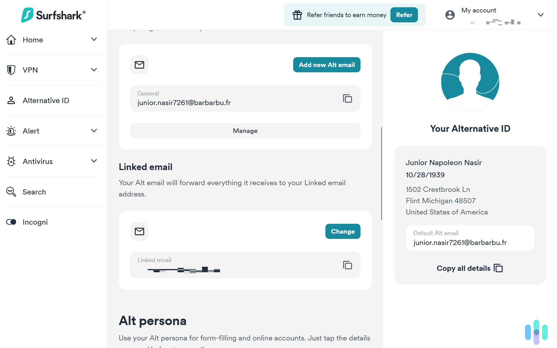 Even after creating our persona with Surfshark Alternative ID, we could still alter any of its information.
