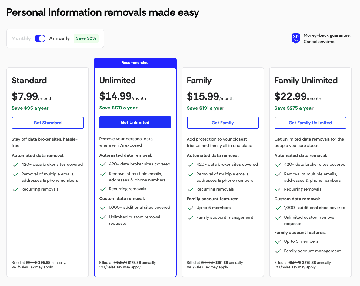 Incogni subscription plans