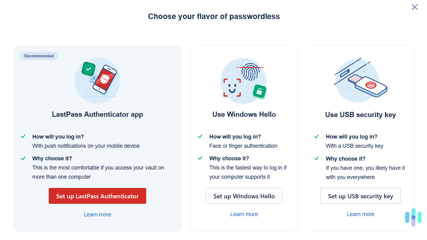 LastPass gives you a few different options for passwordless login