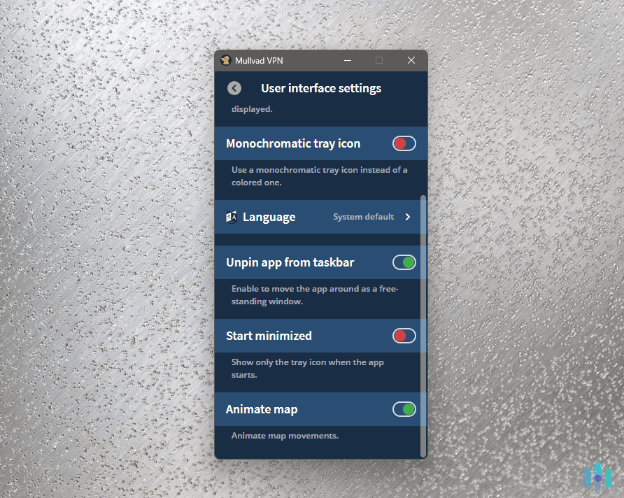 Mullvad’s user interface now allows customizations, including animated map movements when connecting to the VPN