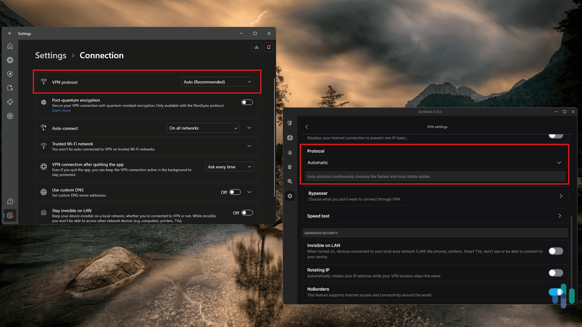 NordVPN (left) and Surfshark (right) both select the encryption and VPN protocol automatically by default