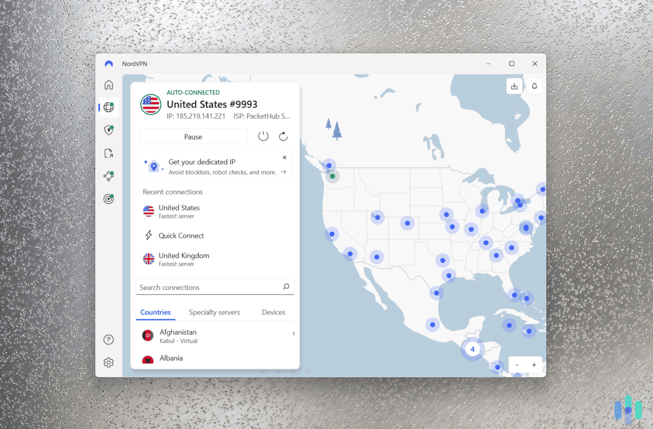 NordVPN’s app with the animated map showing where the VPN is connected