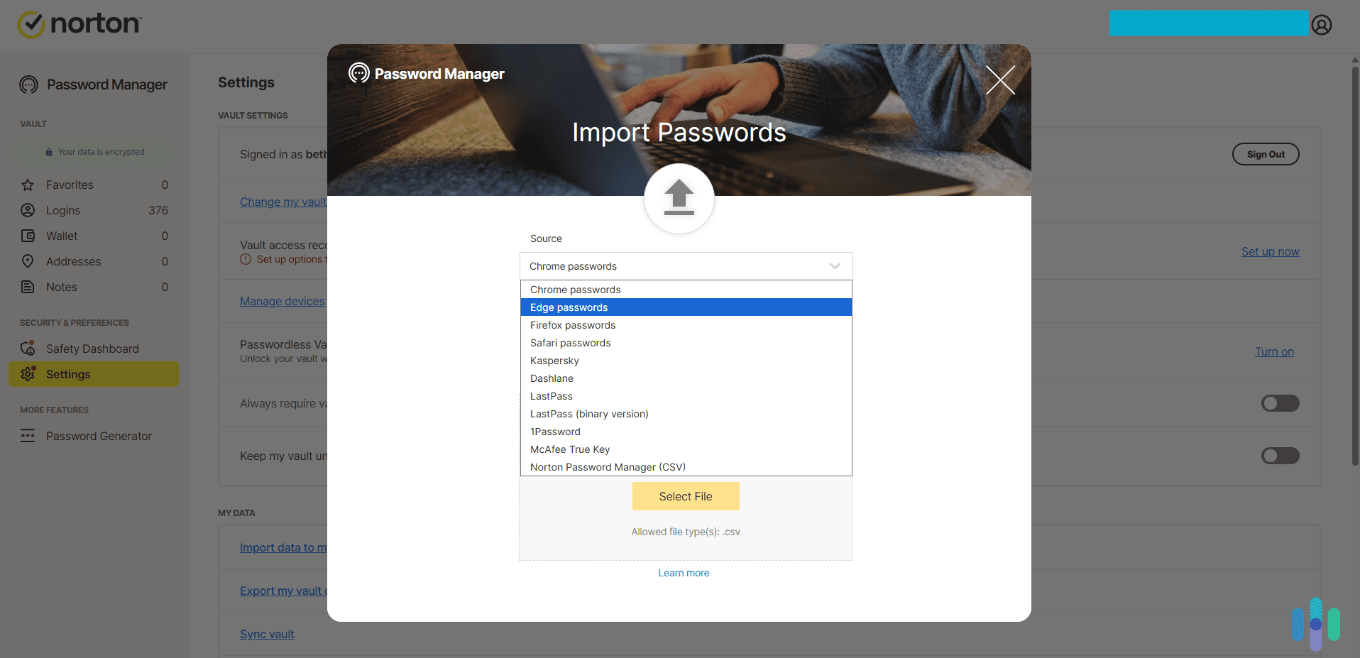 Norton let us import passwords directly from other password manager applications
