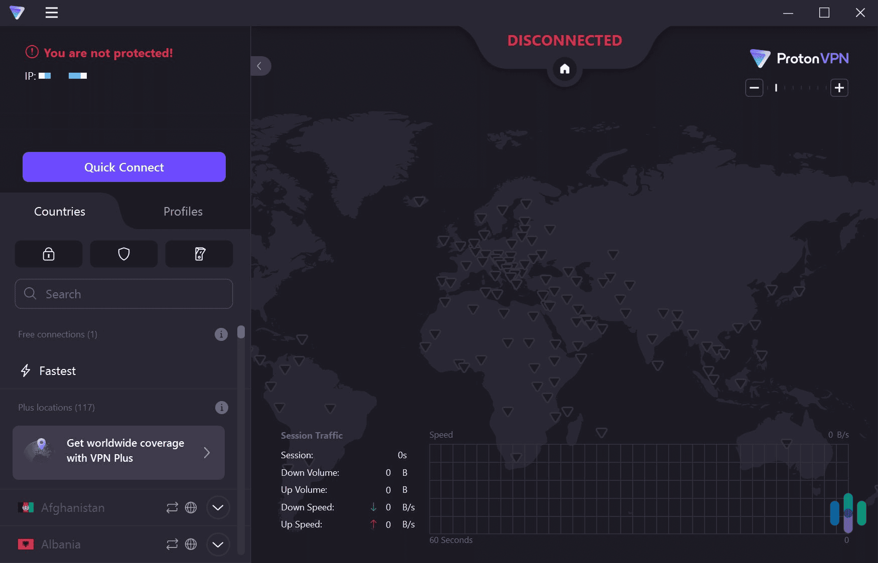 On the free version, you can only connect to the free servers via the quick-connect feature.
